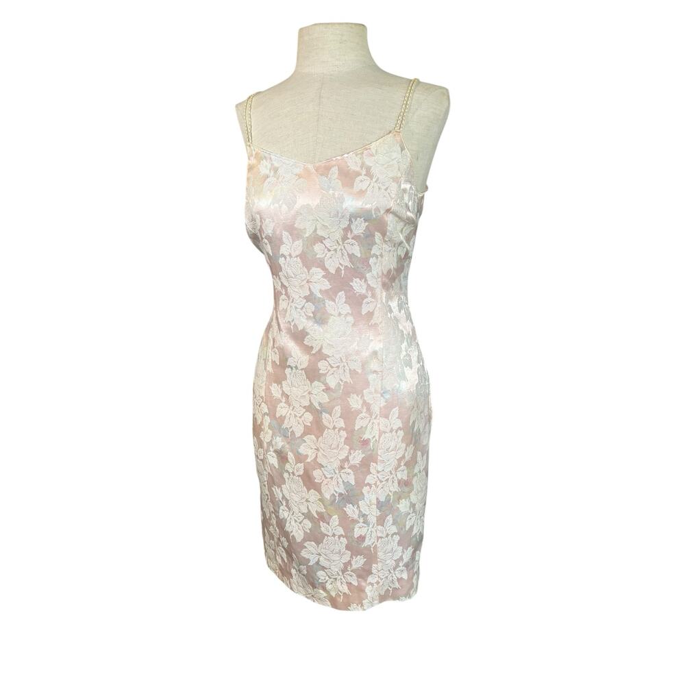 Ethereal‎ Fairy Pink Vintage Brocade Mini Dress Satin L Pearl Straps Feminine - Picture 2 of 16